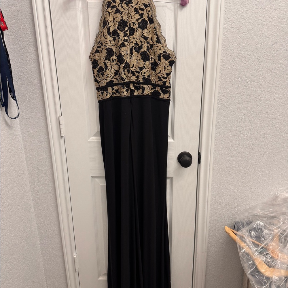 Night Way Collections Black and Gold One Shoulder Dress